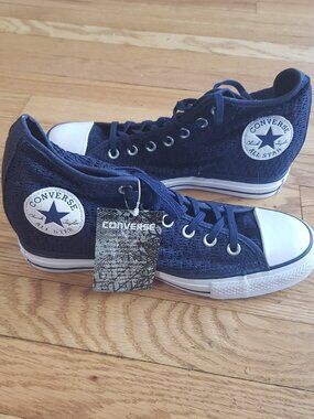 CONVERSE 552696C Hight TOP Lux Navy Blue Crochet Hidden Wedge Sneakers Size 10